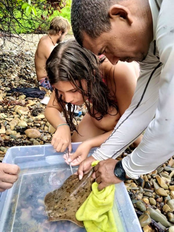 A young volunteer sampling a ray for health with an ETC researcher