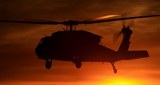 A California National Guard UH-60 Black Hawk helicopter after water drops on Thomas Fire Ventura County CA 