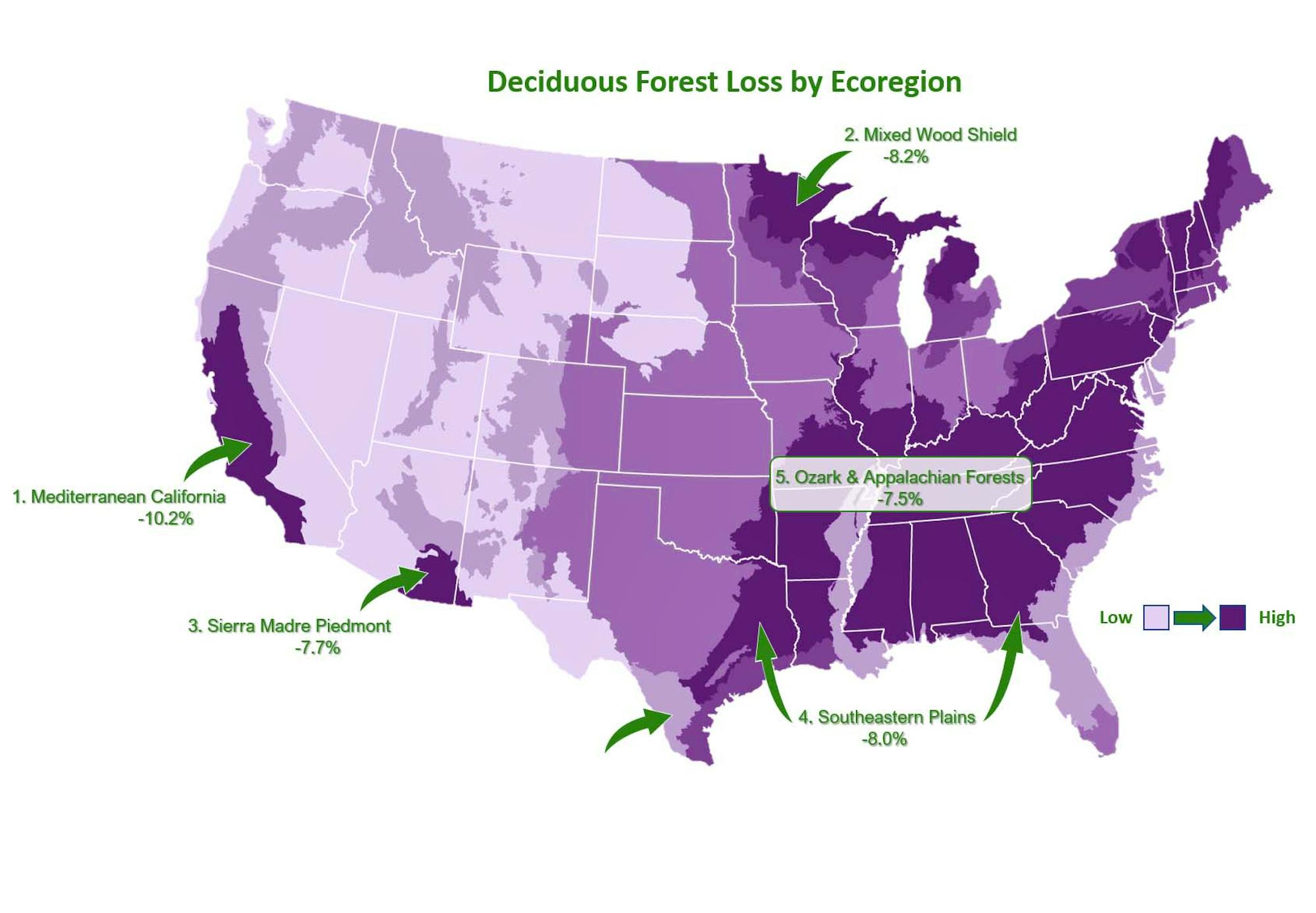 Map of deciduous forest loss by ecoregion
