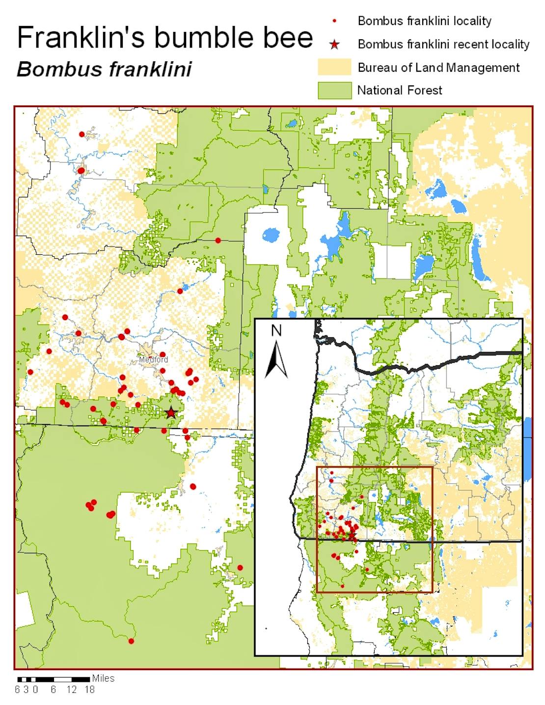 Franklin's bumble bee range map 