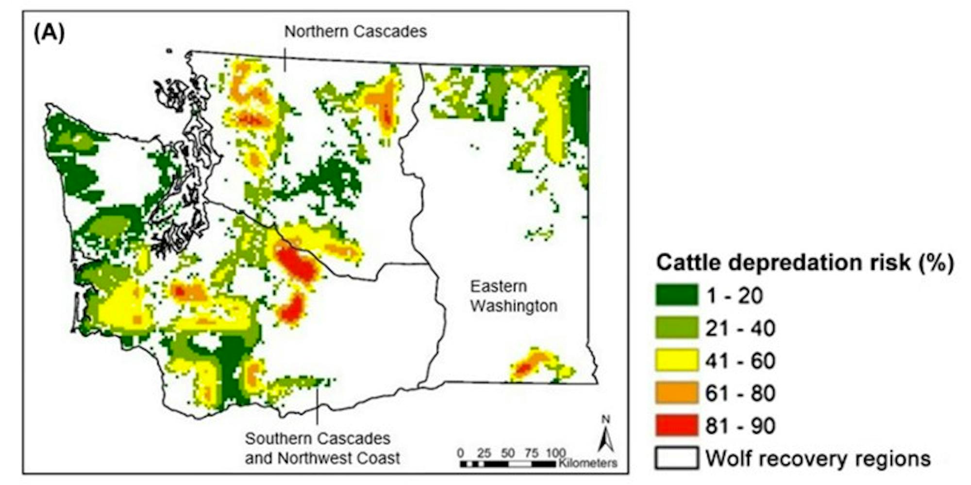 Predation risk map showing the probability of wolf depredation of cattle in Washington. Source: Hanley et al. 2018.