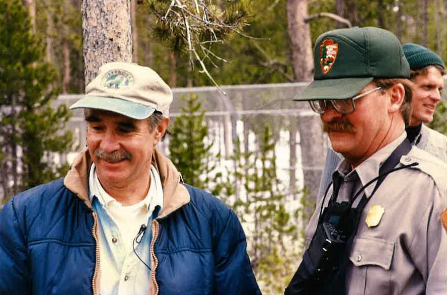 Rodger Schlickeisen and National Park Service staff at Yellowstone wolf reintroduction