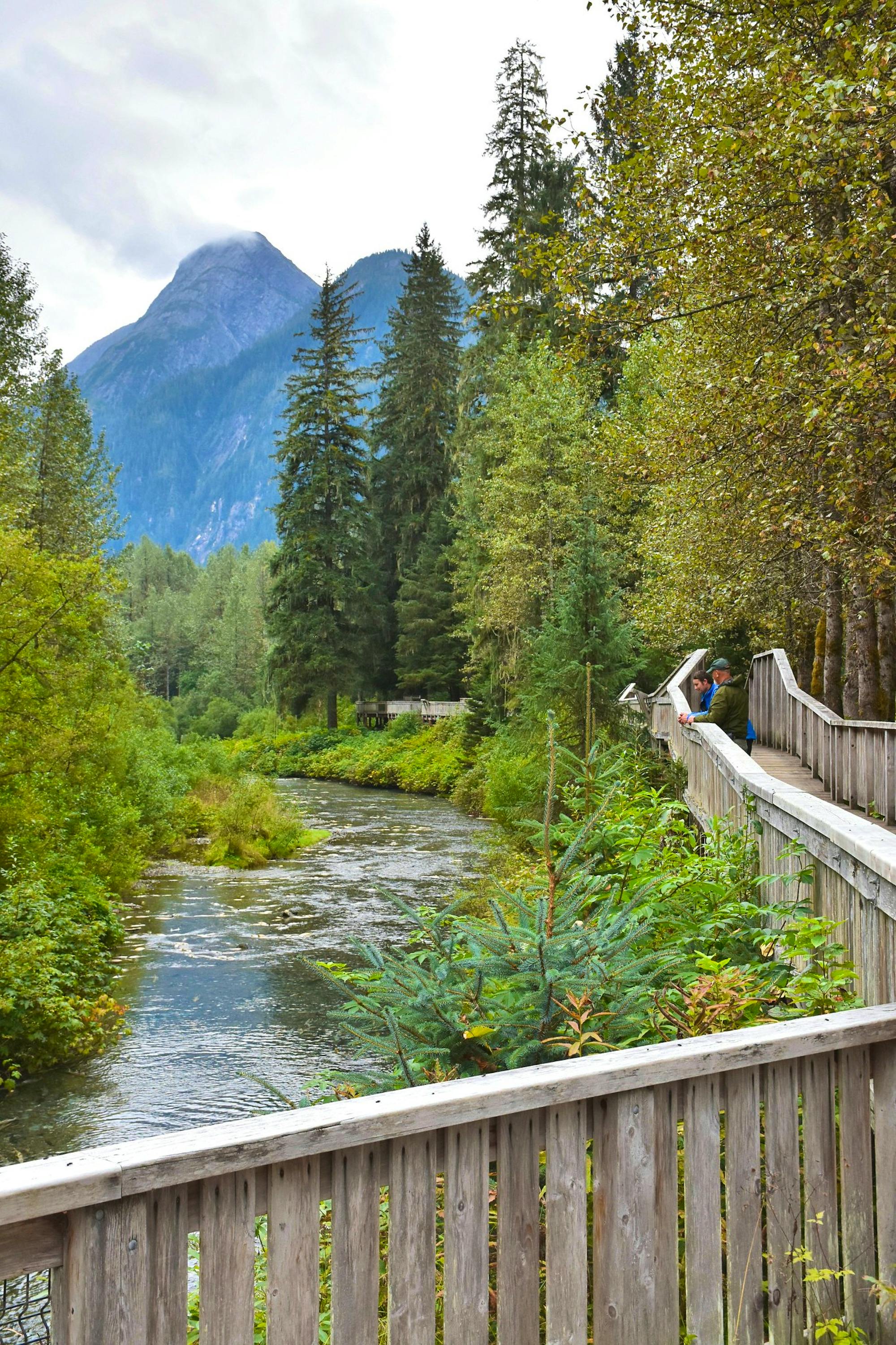 A volunteer guide discusses wildlife with a visitor on the boardwalk of Fish Creek Wildlife Viewing Area in Hyder, Alaska.