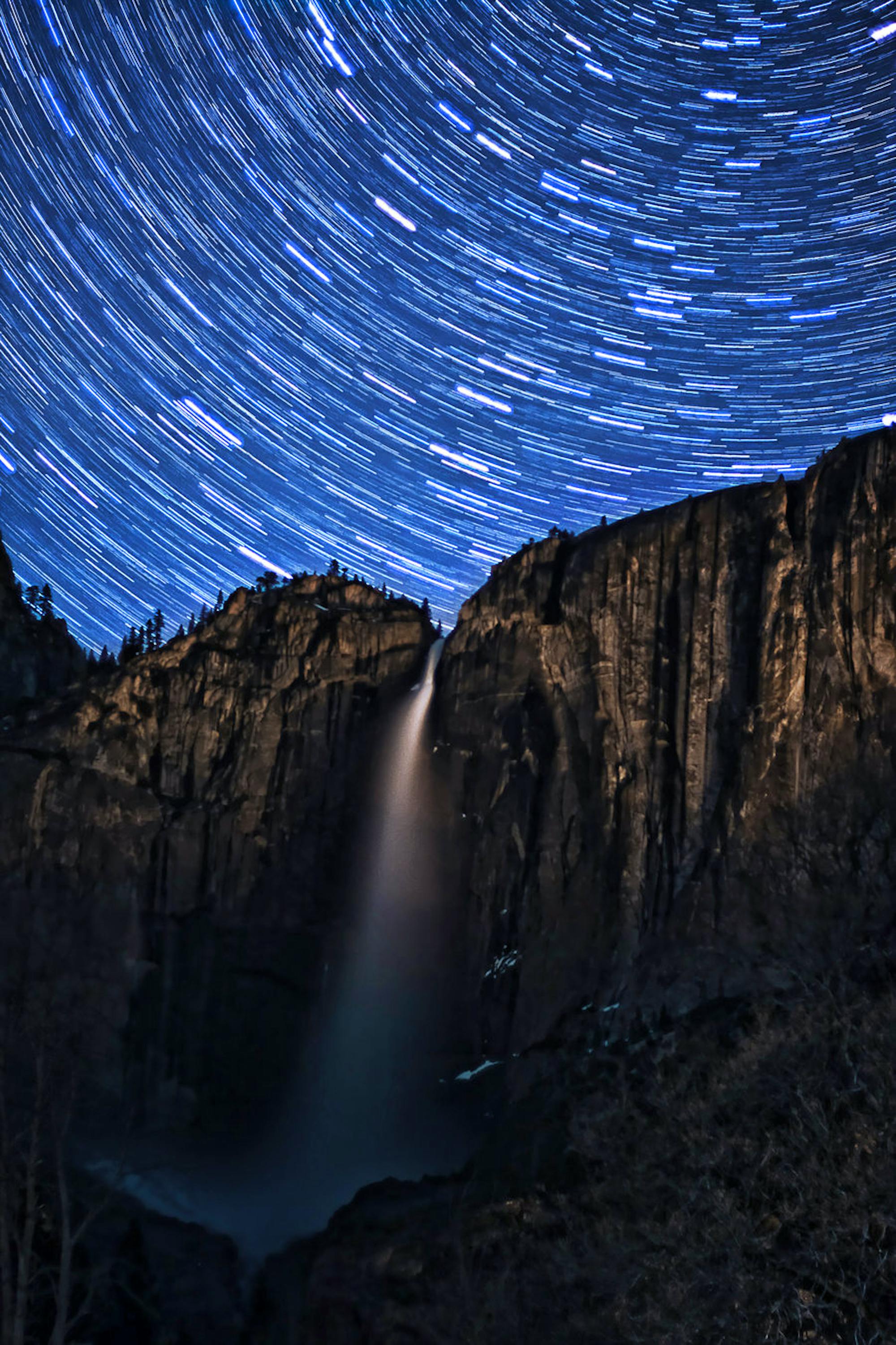 Star trails Upper Falls Yosemite National Park CA