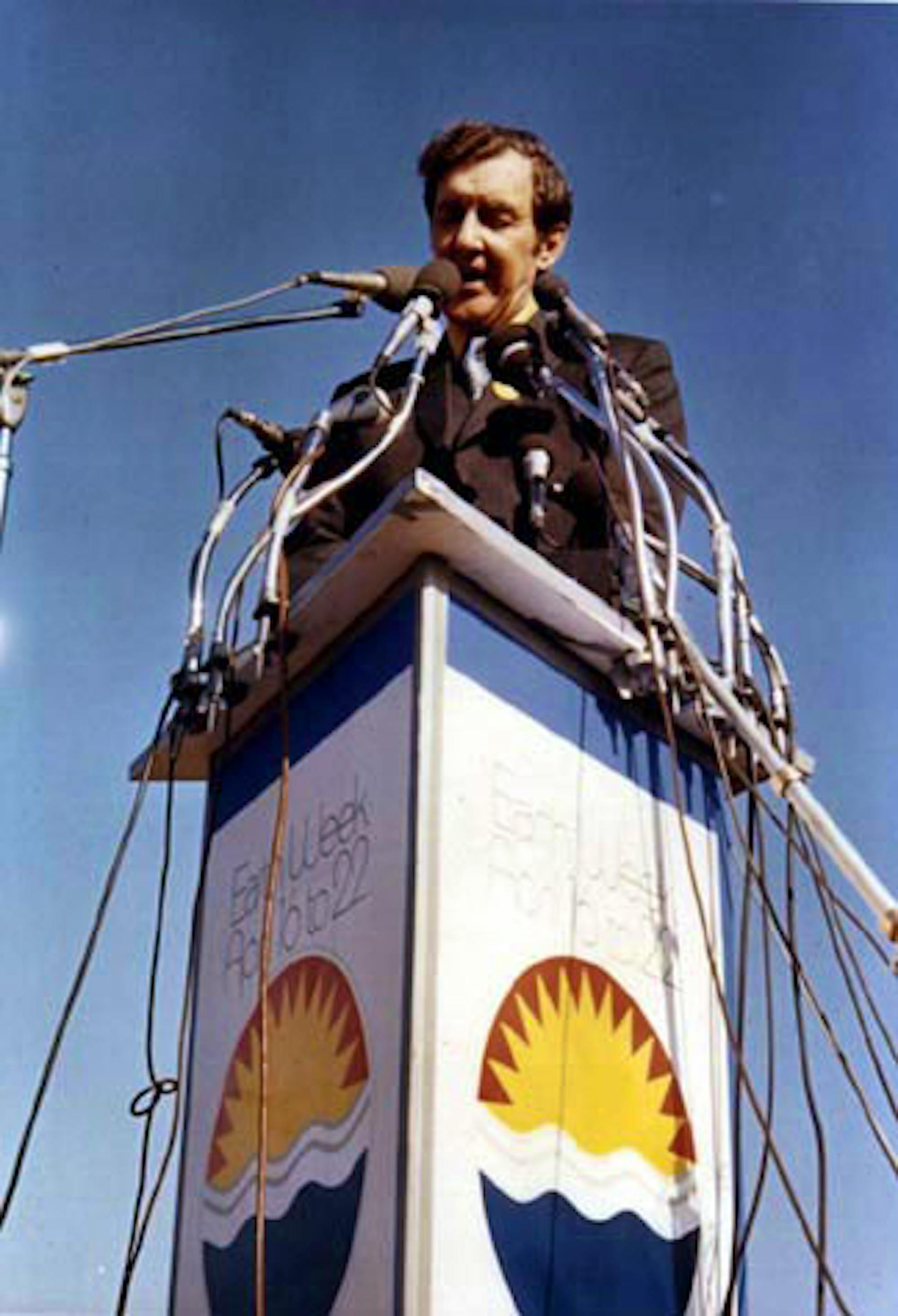 US Senator Edmund Muskie, author of the 1970 Clean Air Act, addressing an estimated 40,000-60,000 people as keynote speaker for Earth Day in Fairmount Park, Philadelphia on April 22, 1970.