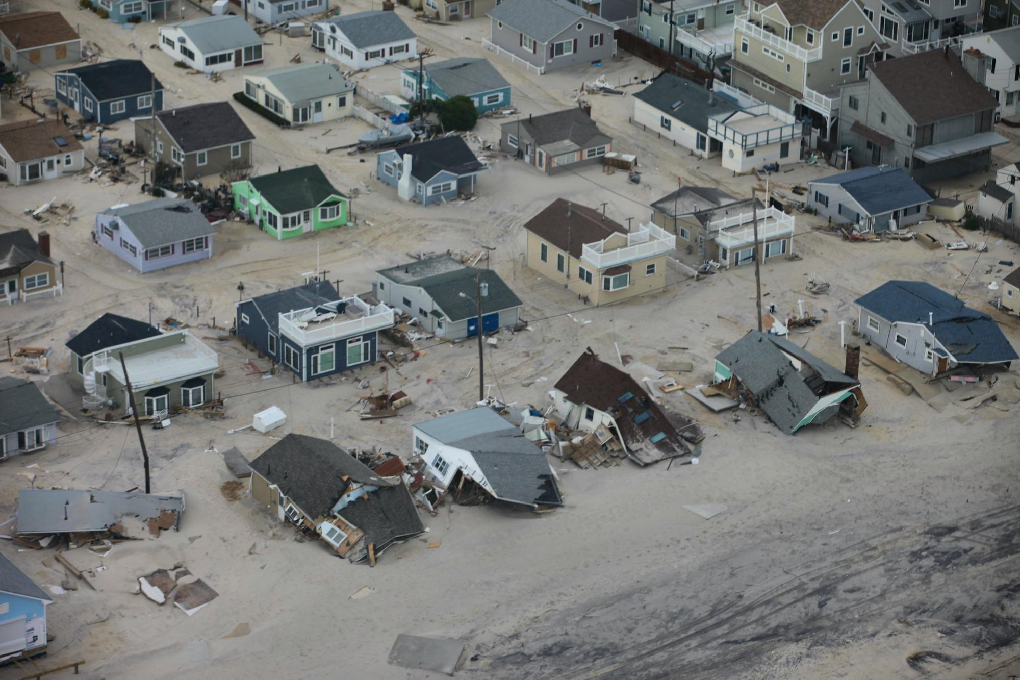 Aerial photo of damaged homes along New Jersey shore after Hurricane Sandy