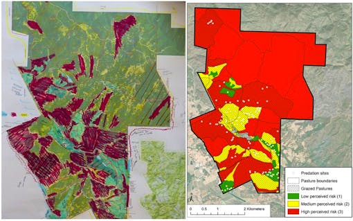 Fig. 2. We combined hand-drawn maps of coyote risk levels by ranchers (left) to create an overall perception risk map (right).