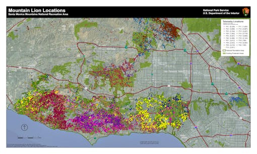 This map reflects the GPS data points of lions P-1 through P-22, from the start of research in 2002 through December 2013. Each color represents a different mountain lion.