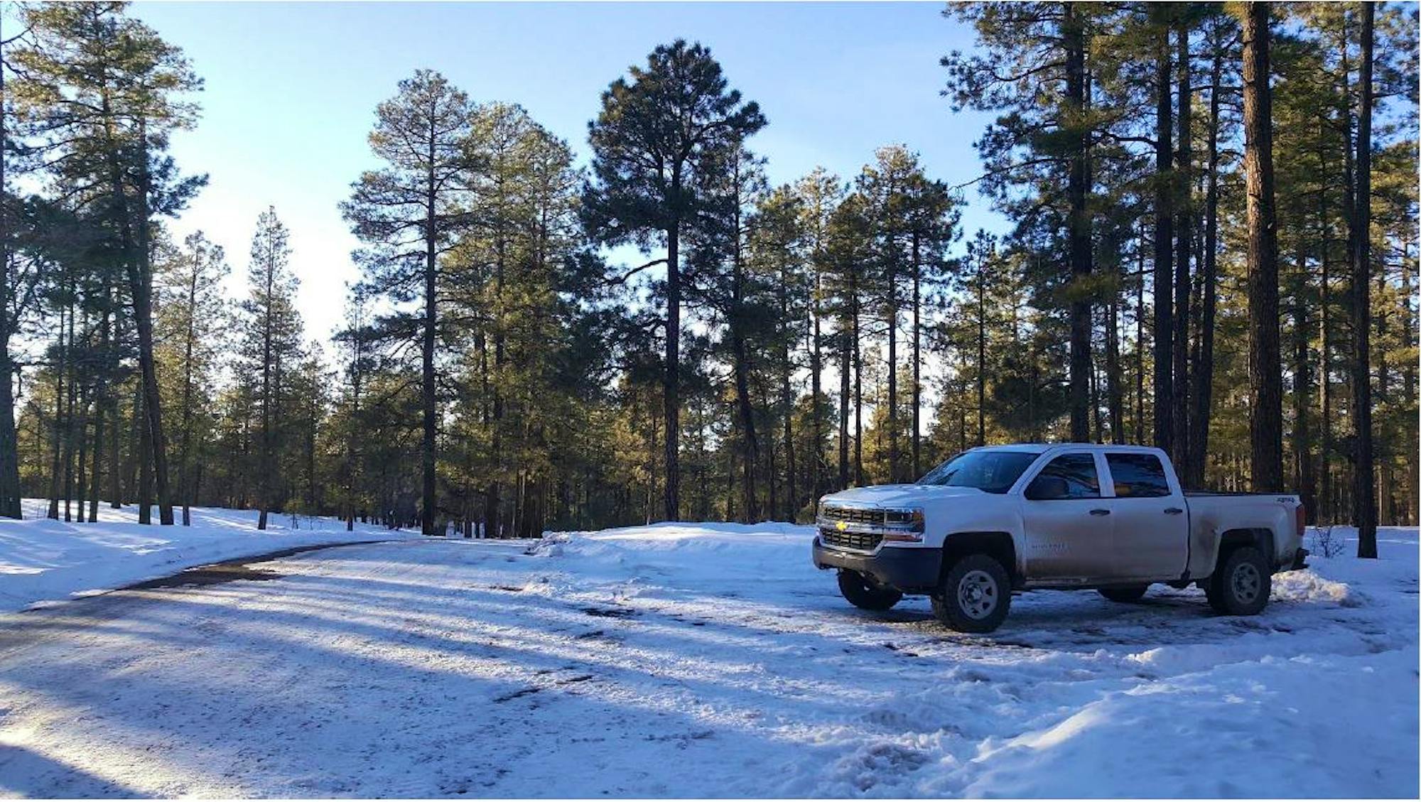 January 2020 snowy road with truck