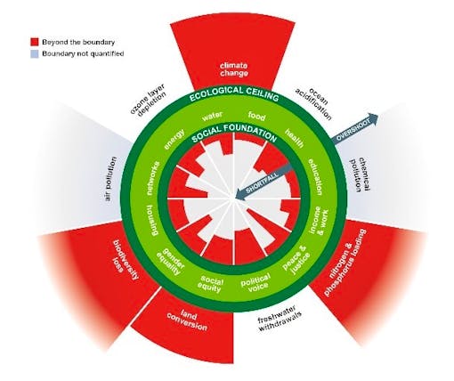 Raworth’s Doughnut shows the upper and lower boundaries of the Safe and Just Space for Humanity.