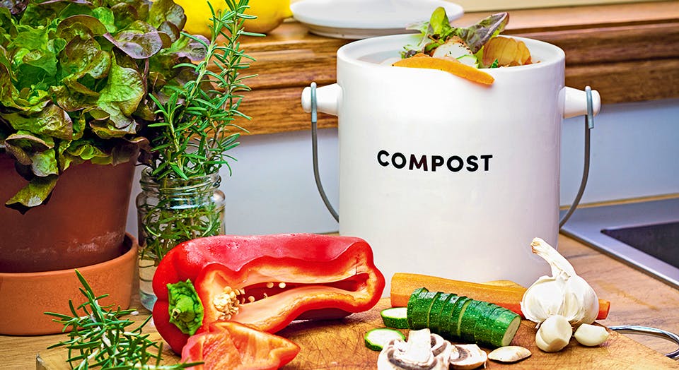 Food waste recycling in kitchen, food waste from food preparation collected for recycling in kitchen compost collecting pot container with chopped vegetables on chopping board in sustainable free kitchen.