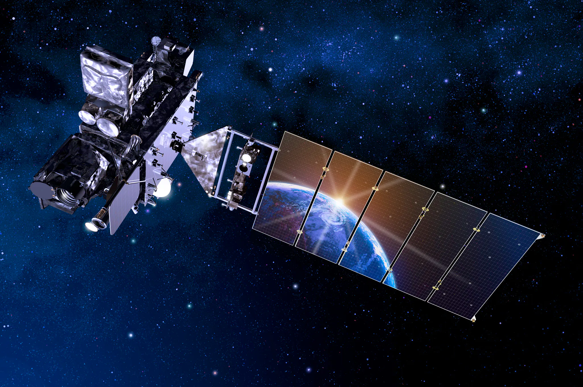 Artist's rendition of GOES R satellite with Earth reflecting off solar panel.