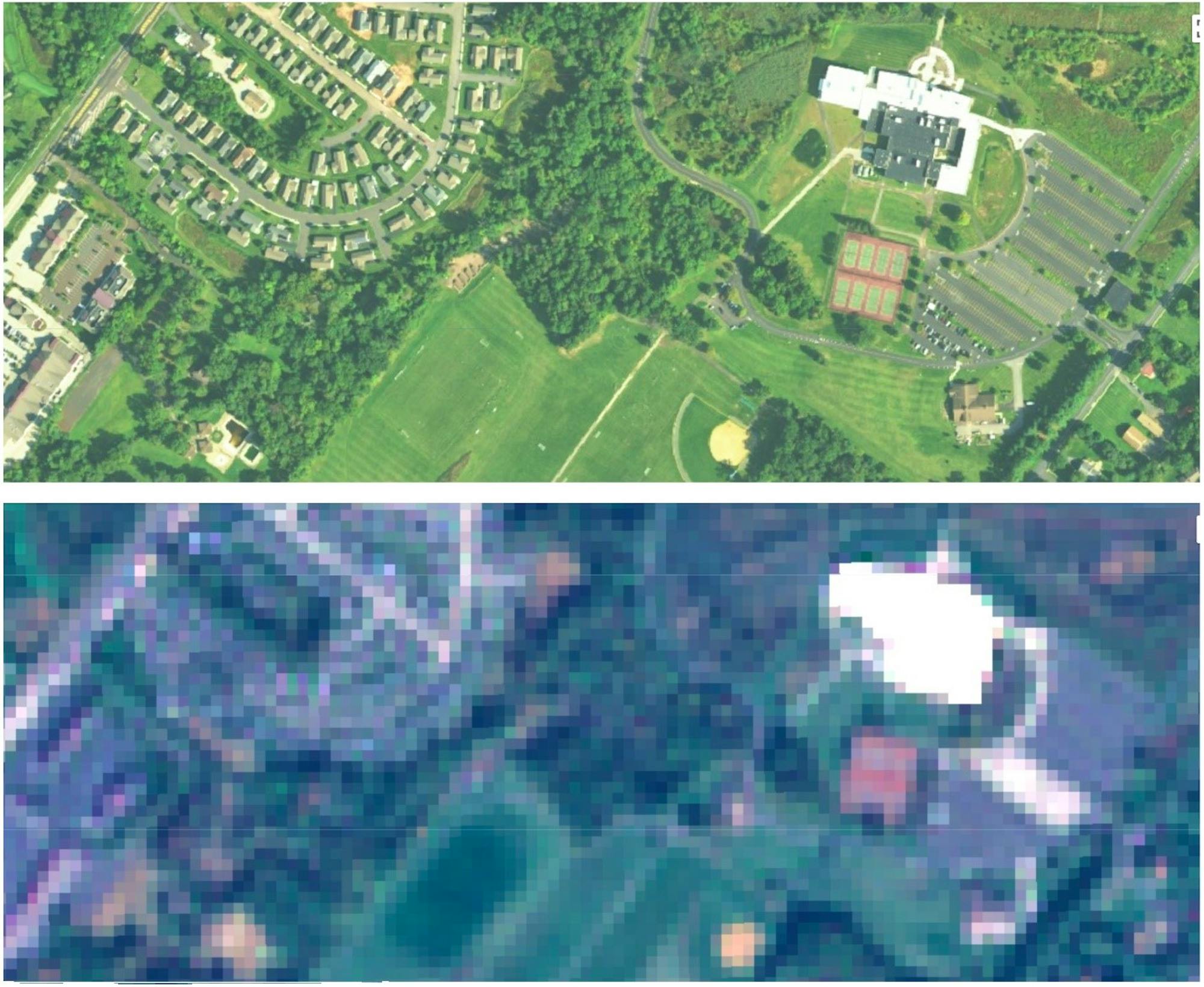 Figure 1 Examples of a 1-m resolution image (above) taken by the National Agricultural Imagery Program, and a 10-m resolution image (below) from the Sentinel-2 satellite system.