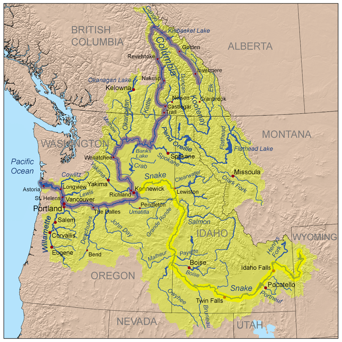 Map of Columbia River Watershed with Snake River highlighted in yellow and Columbia River highlighted in blue 