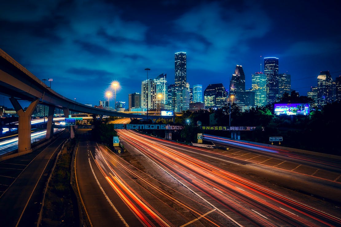 Houston Texas at night with long exposure cars