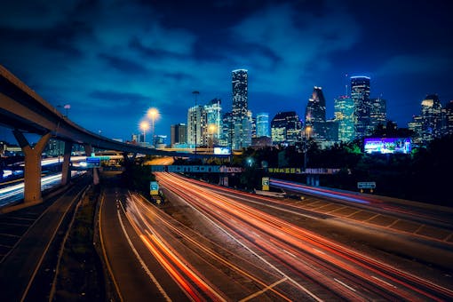 Houston Texas at night with long exposure cars