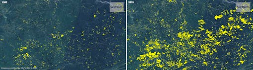 Satellite imagery shows the growth in mountaintop removal mines in the study area between 1985-2015