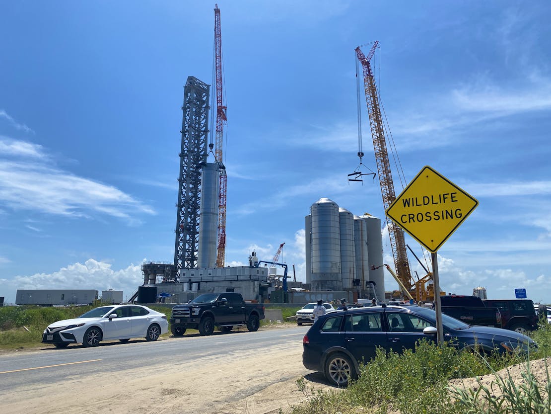 SpaceX publich road with wildlife crossing sign, SpaceX Launch Site