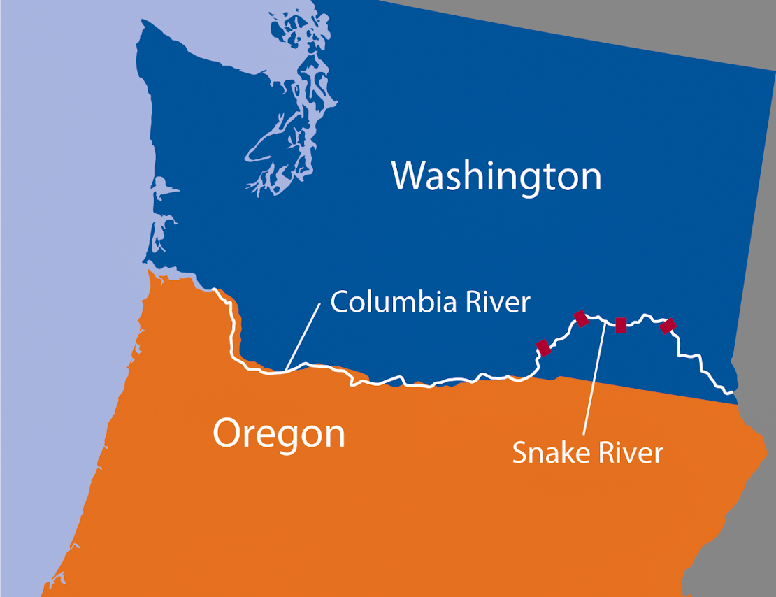 Washington and Oregon states with Snake River running through them