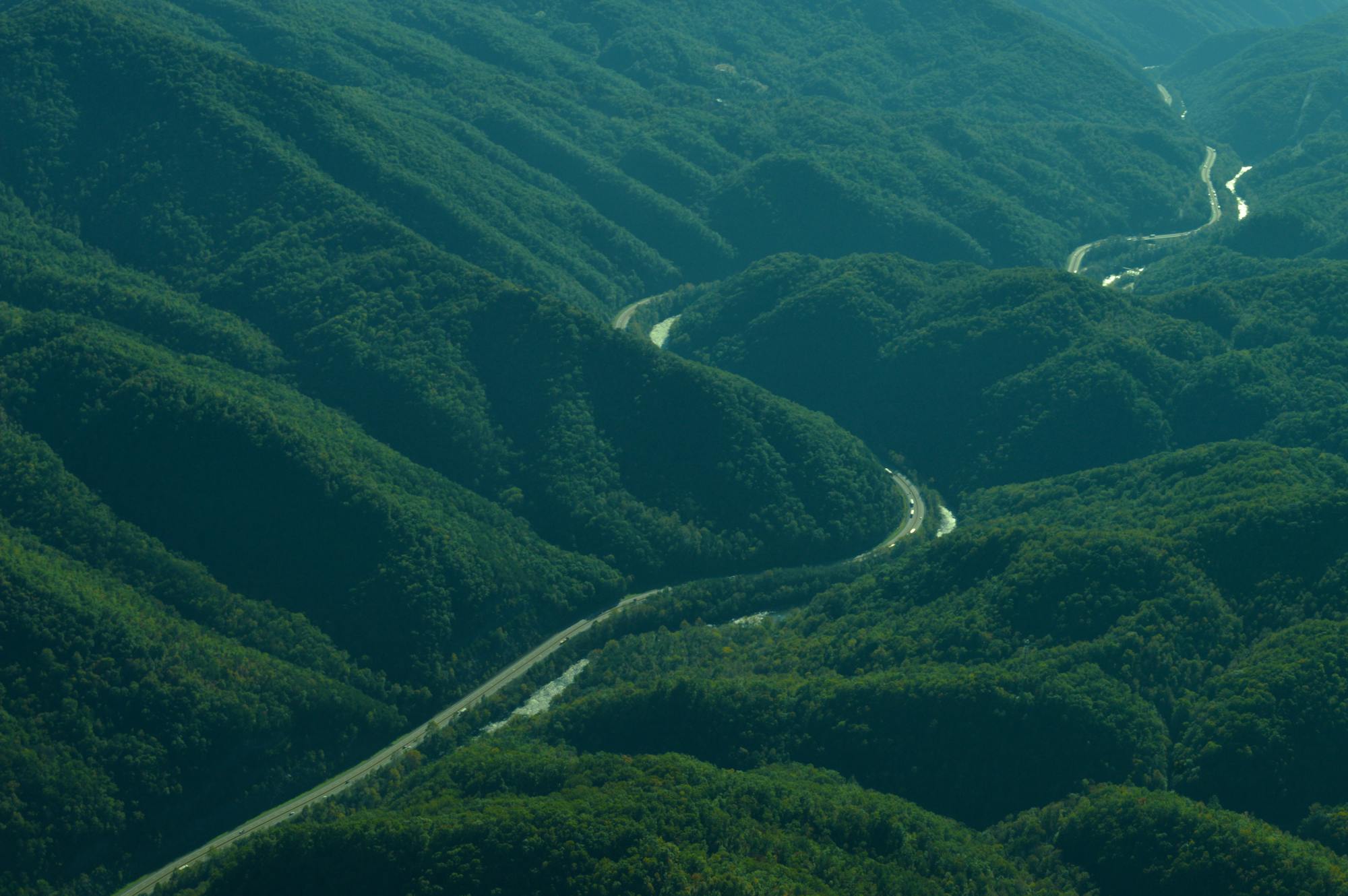 Aerial shot of I-40 through the Pigeon River Gorge