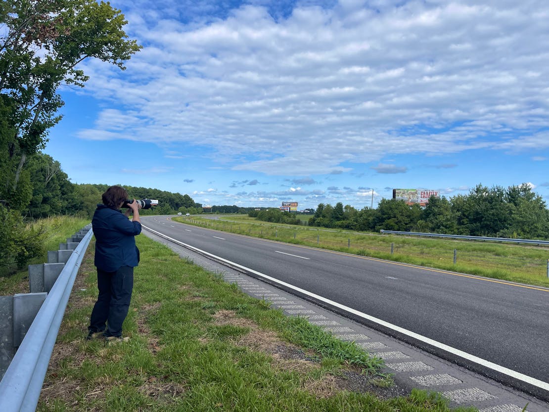 Jessie Williams, volunteer, photographing Watch for Wildlife Sign - Alligator River National Wildlife Refuge - North Carolina