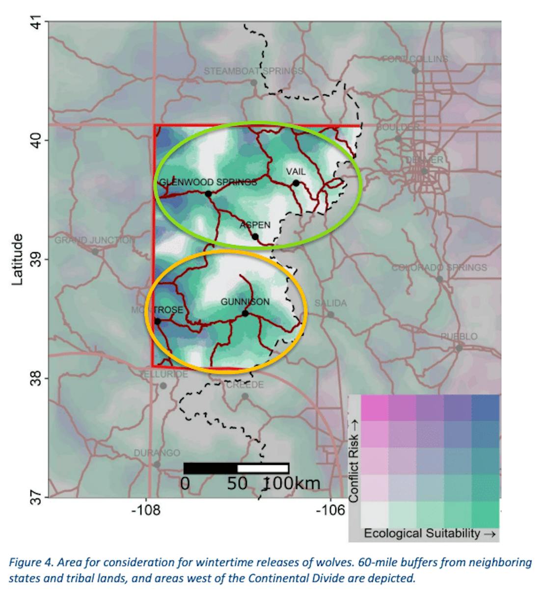 A map of Colorado highlighting where gray wolves will be reintroduced.