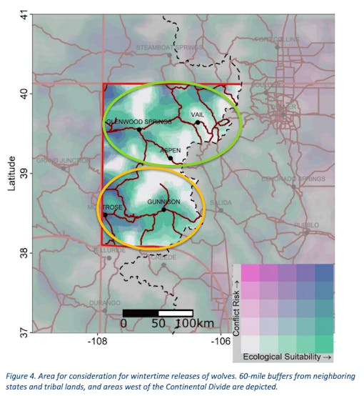 A map of Colorado highlighting where gray wolves will be reintroduced.