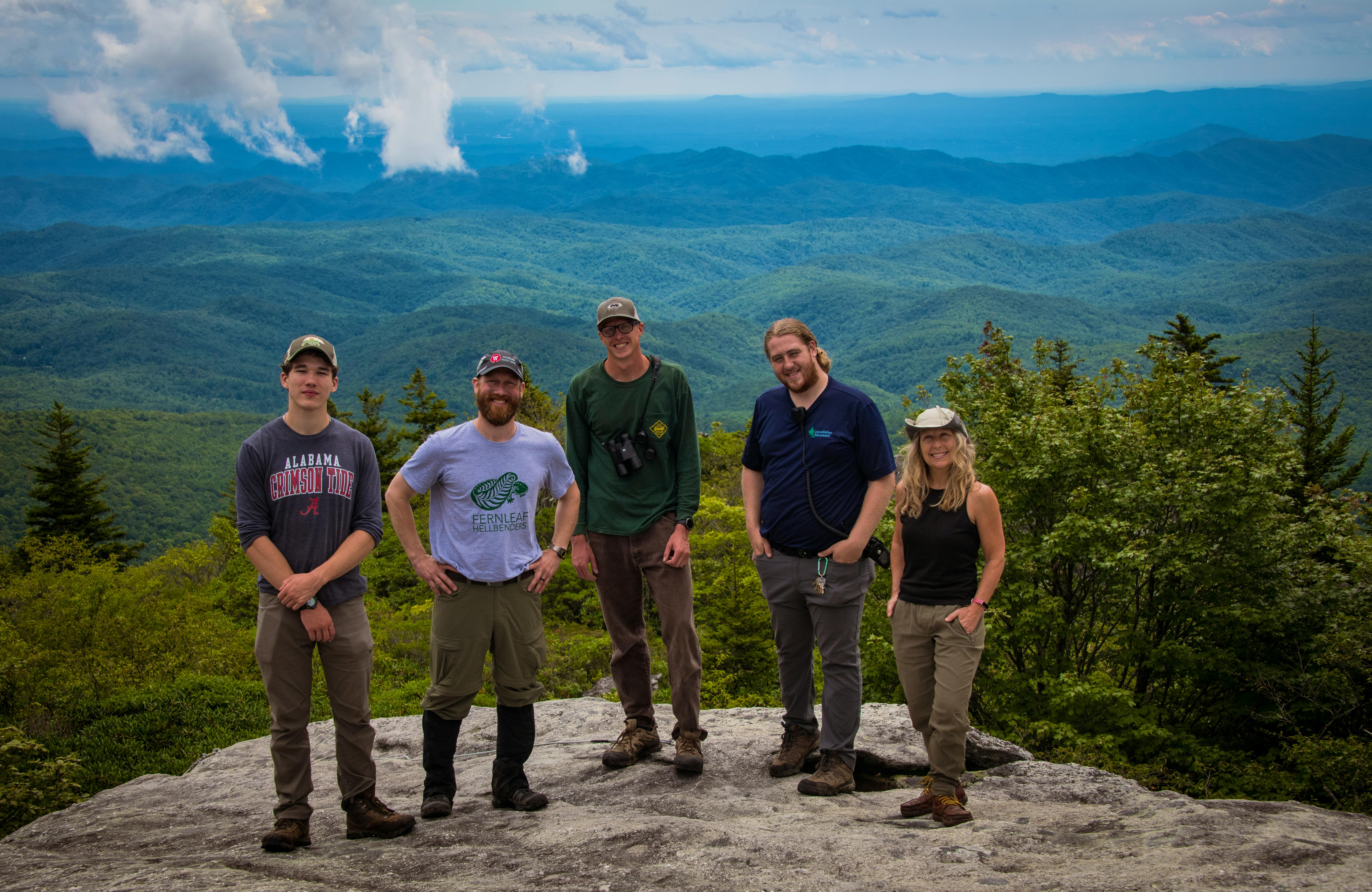 2023.09.14 - SE - Northern Saw-Whet Owl Box Project - Colin and crew group shot with mountain landscape at Grandfather Mountain State Park MS - Erin Fowler, Scraps of Lace Photography