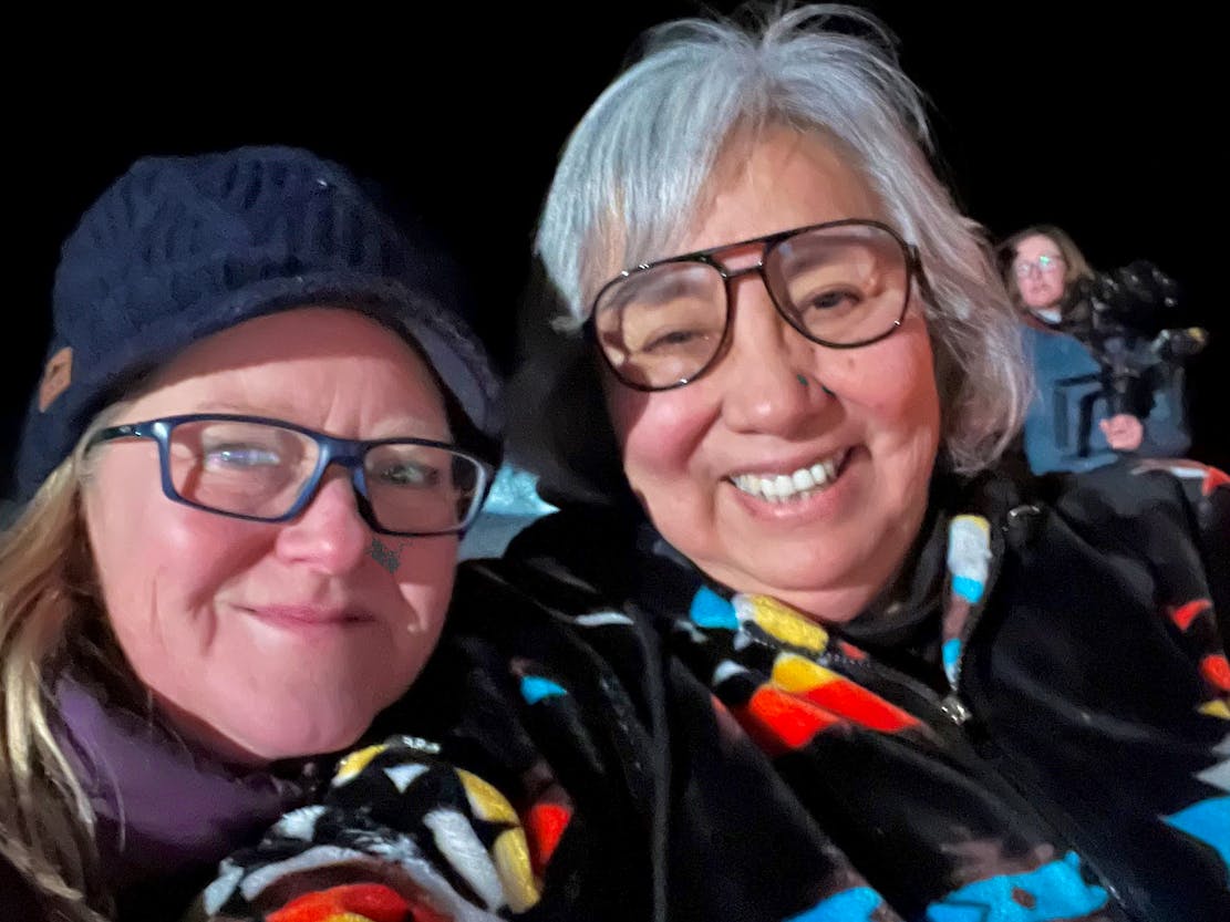 Chamois Andersen, Defenders of Wildlife Rockies and Plains Senior Representative, poses for a selfie with Jonny BearCub Stiffarm of the Assiniboine and Sioux Tribes of Fort Peck (MT)_Montana_DOW
