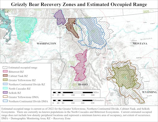 A map of the Northern Rockies (Montana, Idaho and a corner of Wyoming) and Washington state. Overlaid on the map is areas where grizzlies occupy.