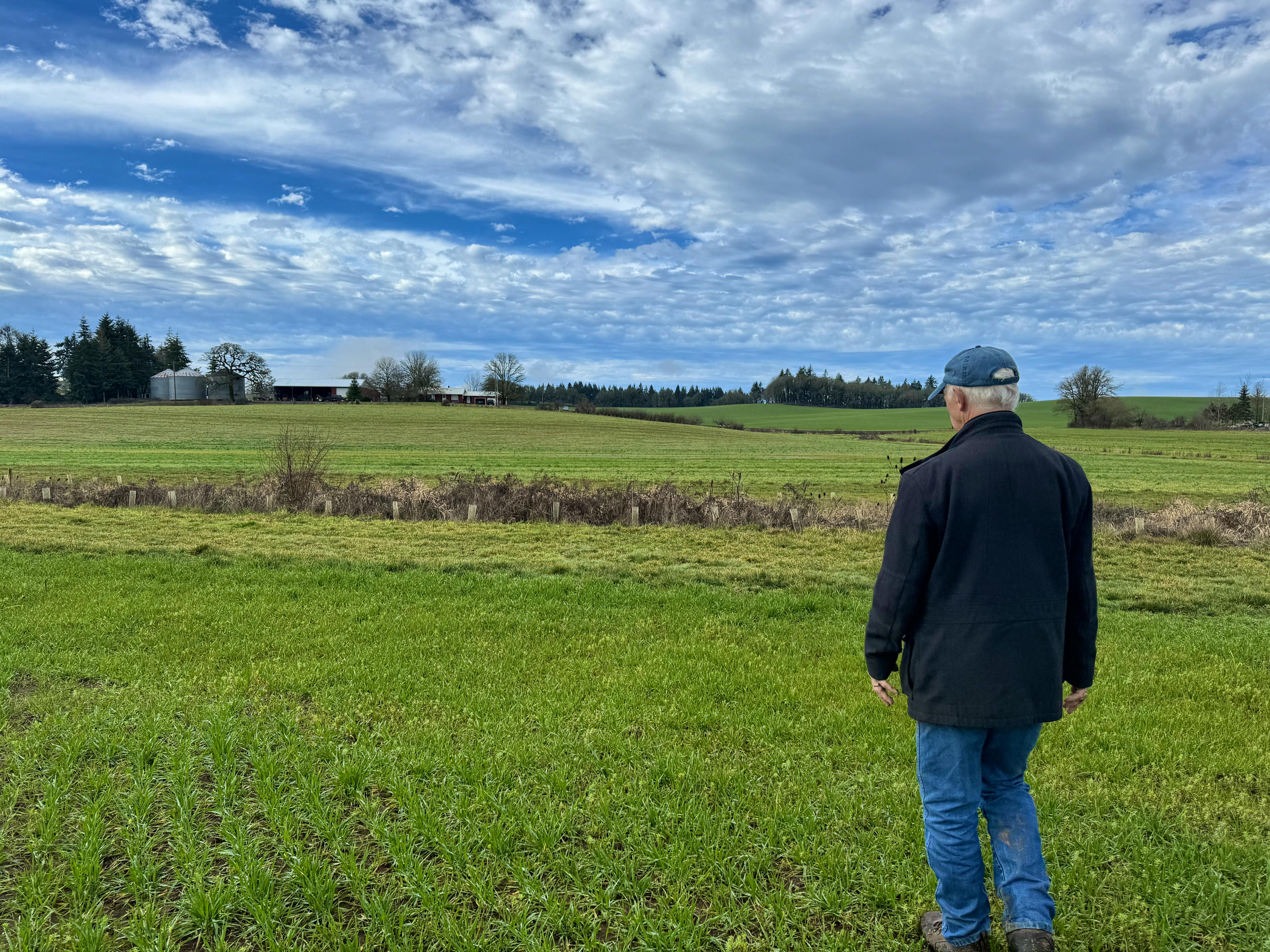 2024.01.11 - Pryor Garnett facing flowering hedgerows on his farm - Oregon - Lucy Lefkowitz/DOW