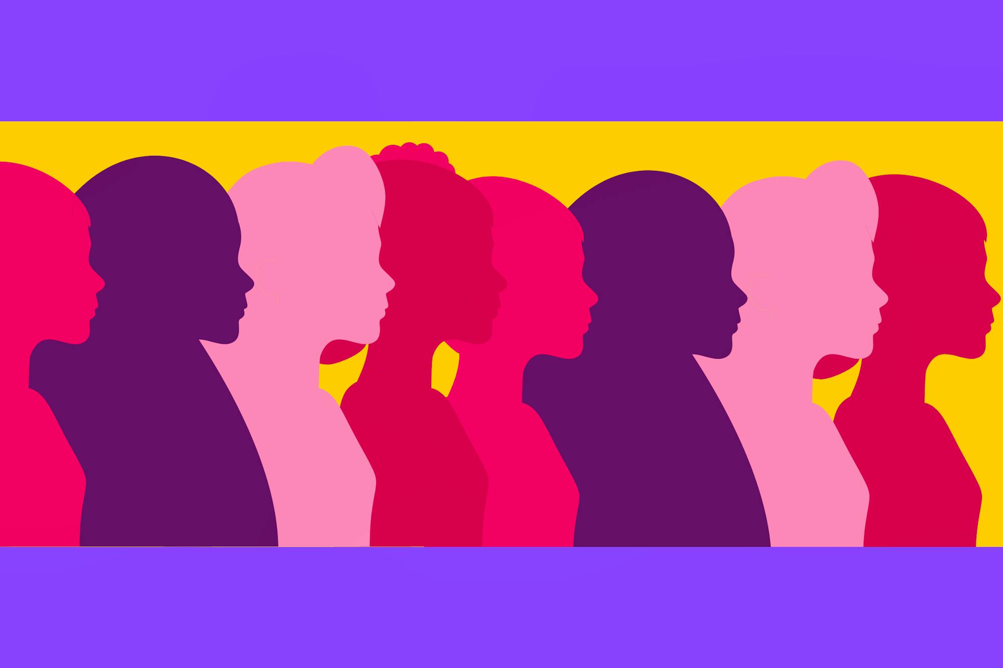 Illustration of women in purple, pink, red with a purple and gold background