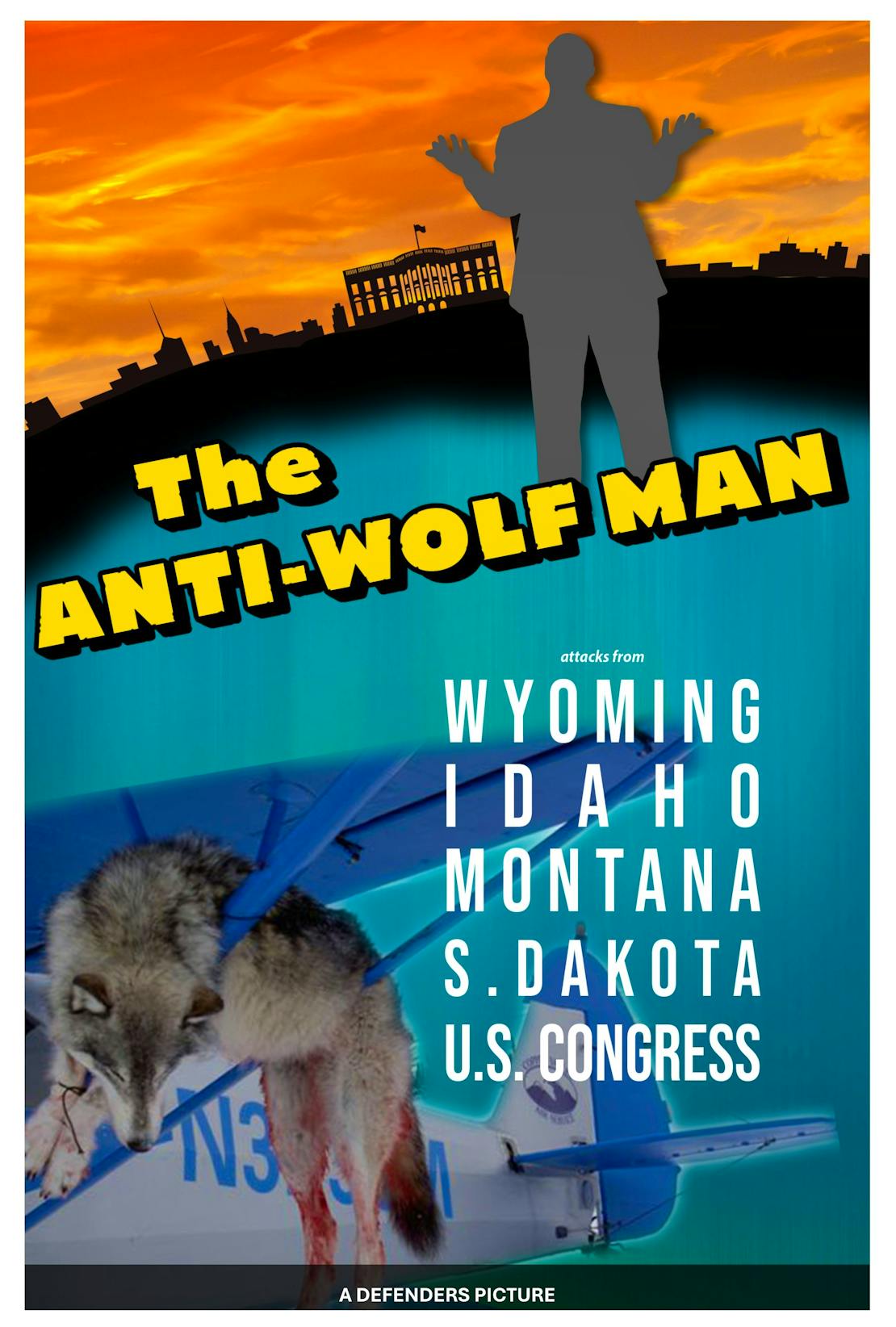 The Anti-Wolf Man Movie Poster - dead wolf with shadow of man standing over it 