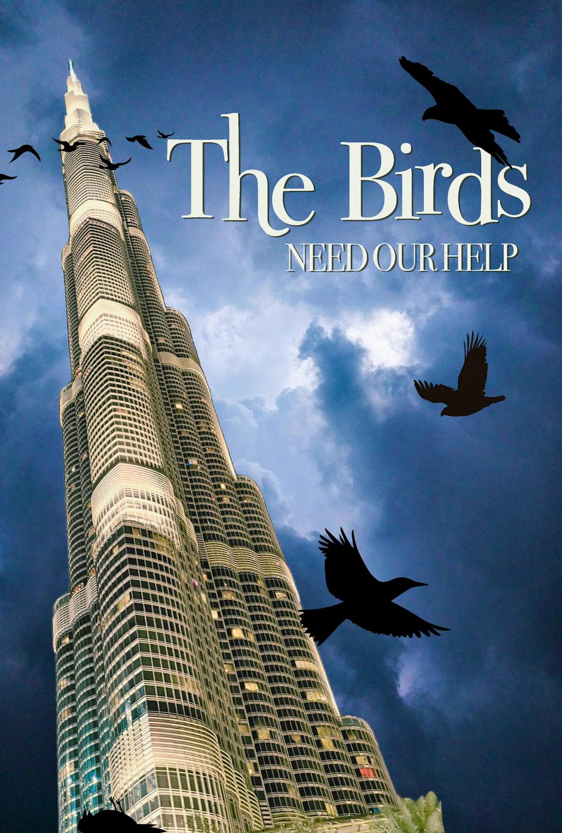 The Birds Movie Poster - birds flying in a dark sky near a tall building with lights