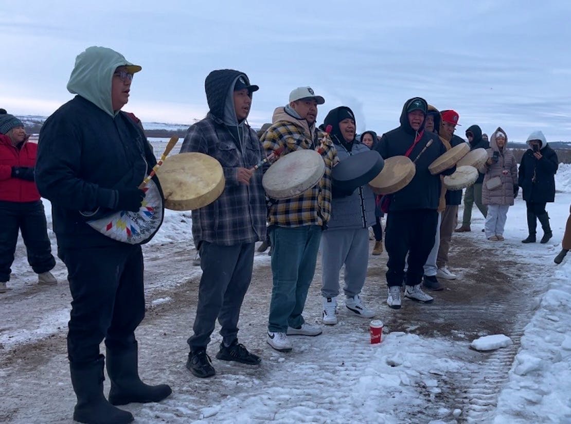 Mosquito first nation bison transfer drummers greeting bison chamois andersen