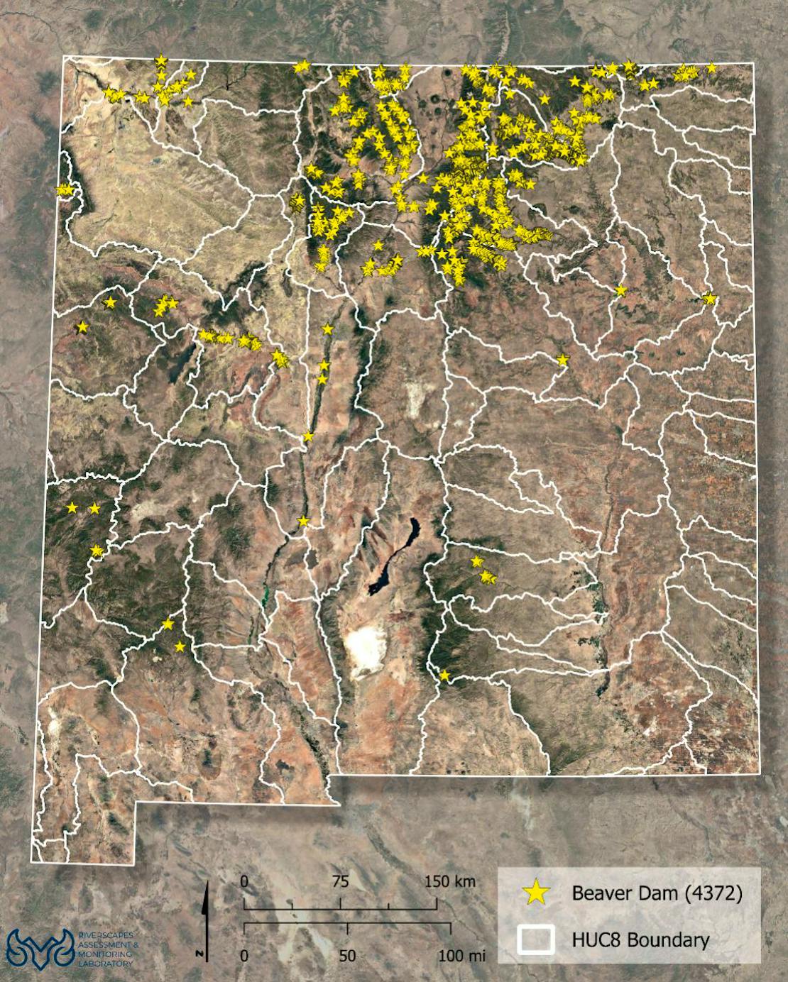 Figure 4. Beaver dam locations based on 2020 NAIP imagery-based New Mexico statewide beaver dam census by HUC8  watershed. New Mexico consists of 85 HUC8s with 33 entirely within the state and 52 with portions in surrounding states.