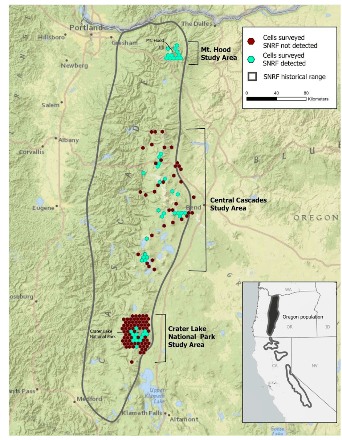 A map of showing the Sierra Nevada red fox historical range and locations where these foxes were detected.