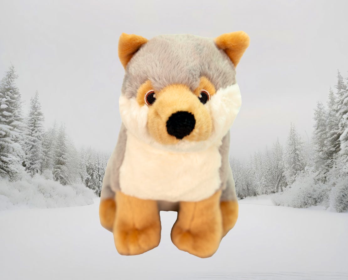 Wolf plushie with nature background