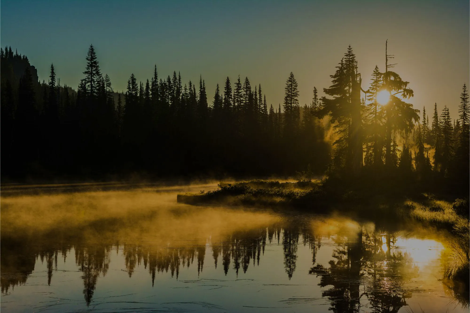 morning mist at sunrise at Reflection Lakes in Mt. Rainier