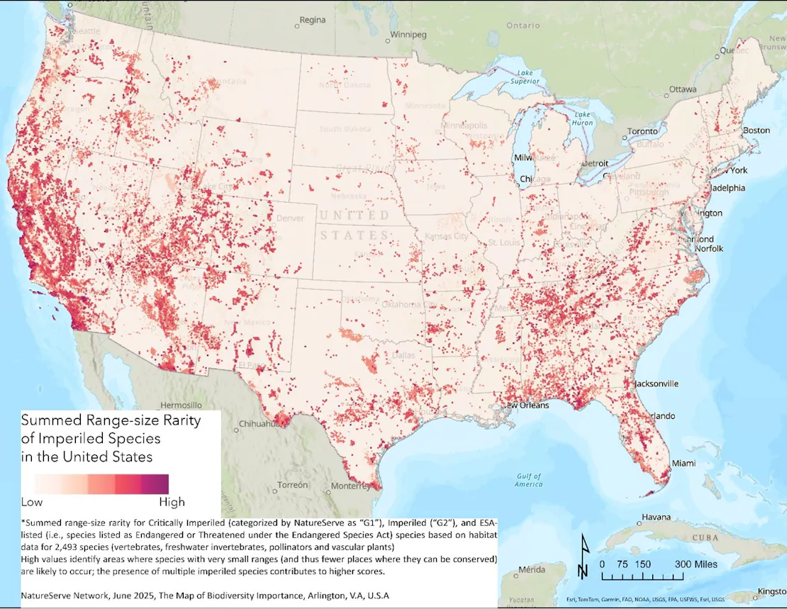 A map of the US with dots from white (low) to purple (high) representing if there are listed/imperiled species occur.