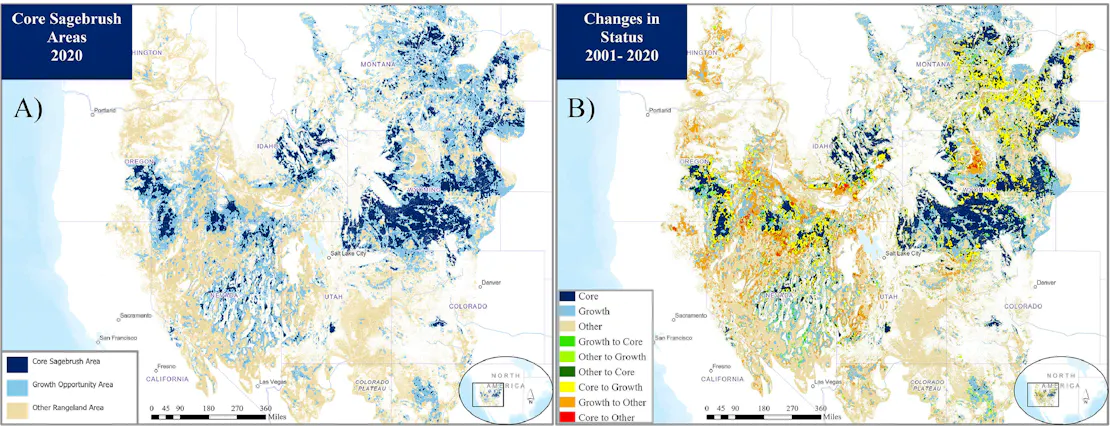 Two maps of the U.S. side-by-side. The left has royal blue, light blue and pink-tan colored areas representing core sagebrush areas, growth opportunity areas and other rangeland (respectively). The right map is a rainbow of colors in the same highlighted areas showing changes in status between 2001 and 2020 for each area.