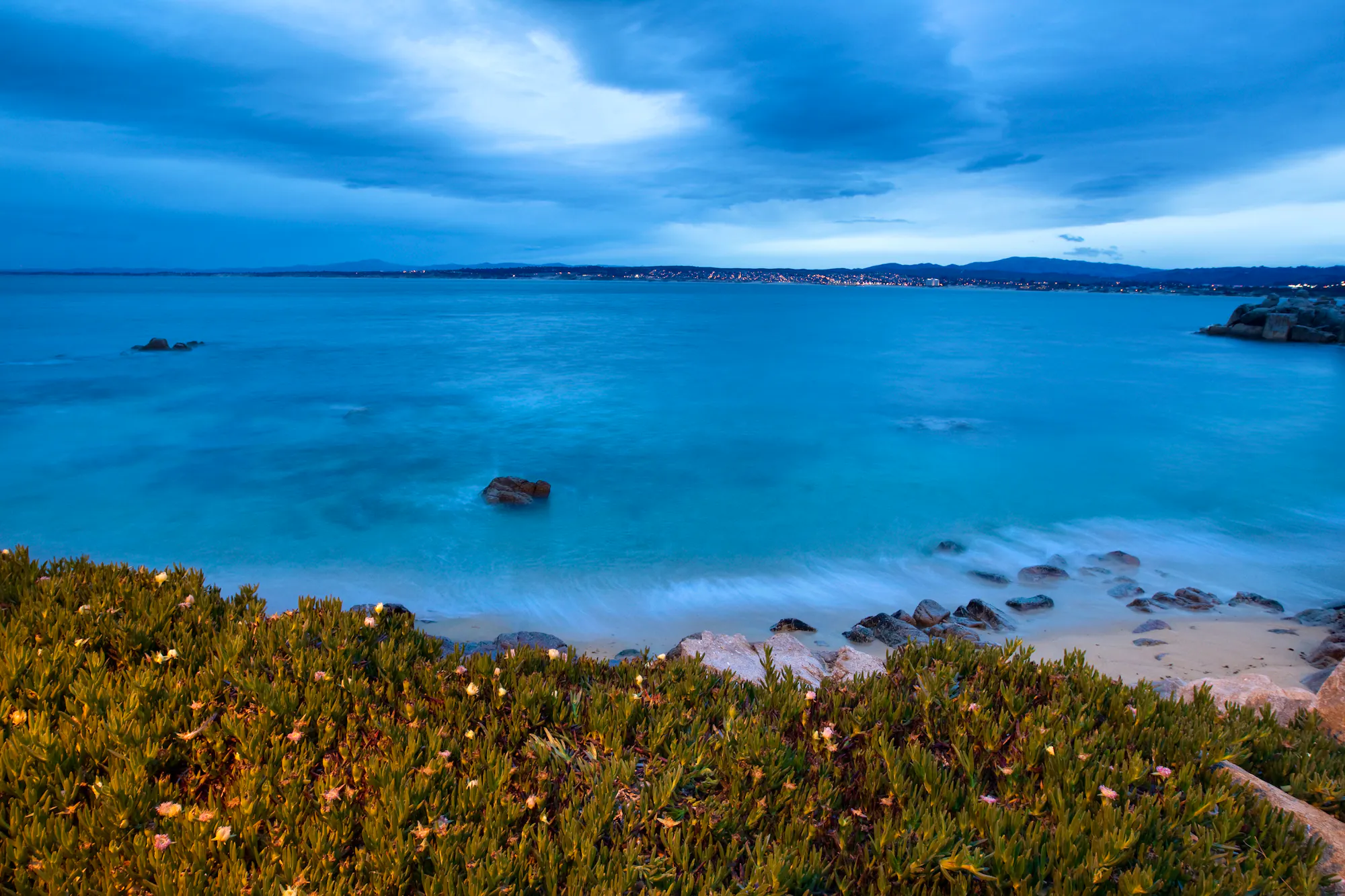 Clear blue ocean landscape with grassy beach in the foreground