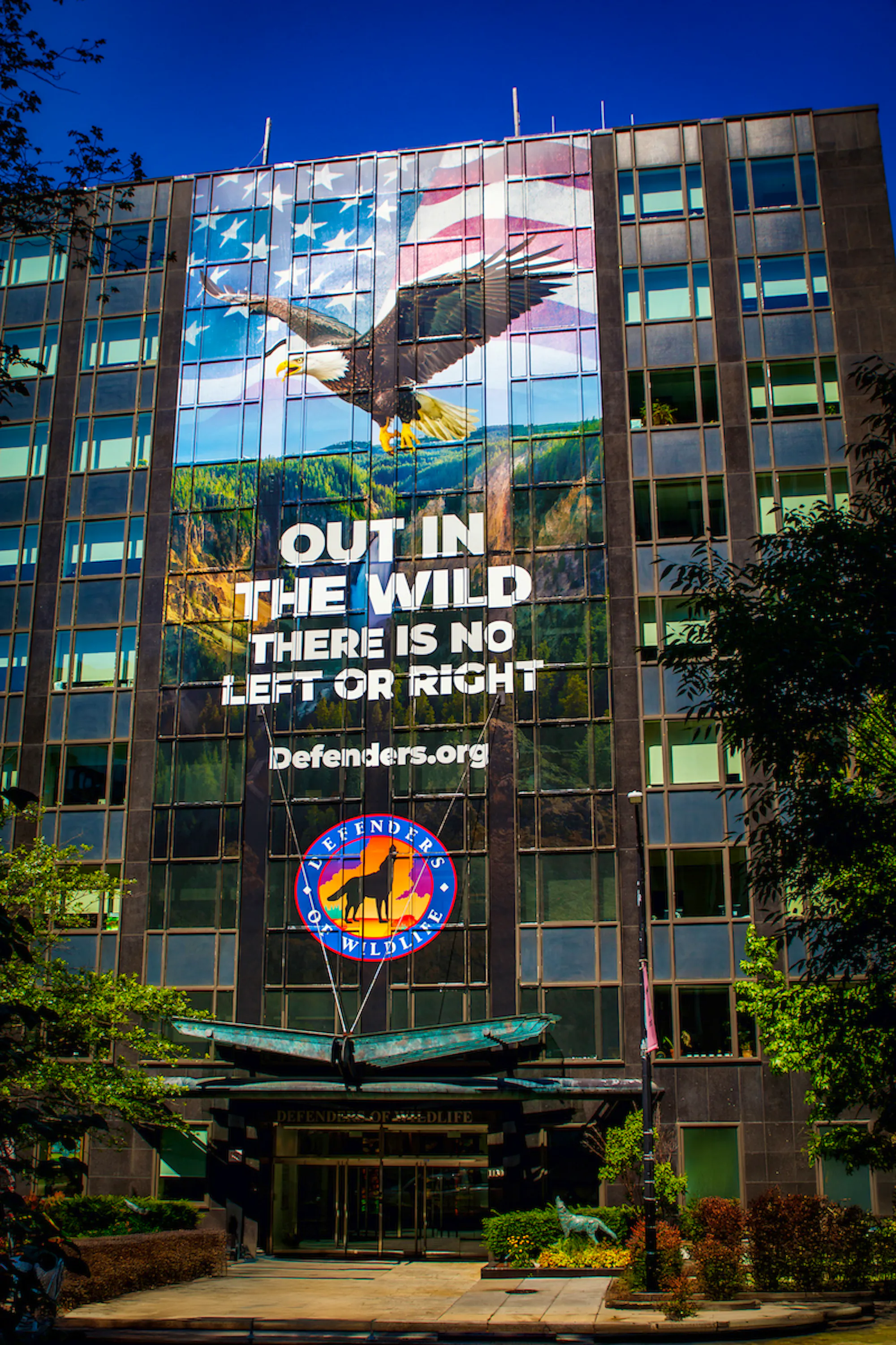 A tall office building in the sun is adorned with a seven-story banner of an American flag, bald eagle, and Yellowstone falls with words that read: Out in the wild, there is no left or right.