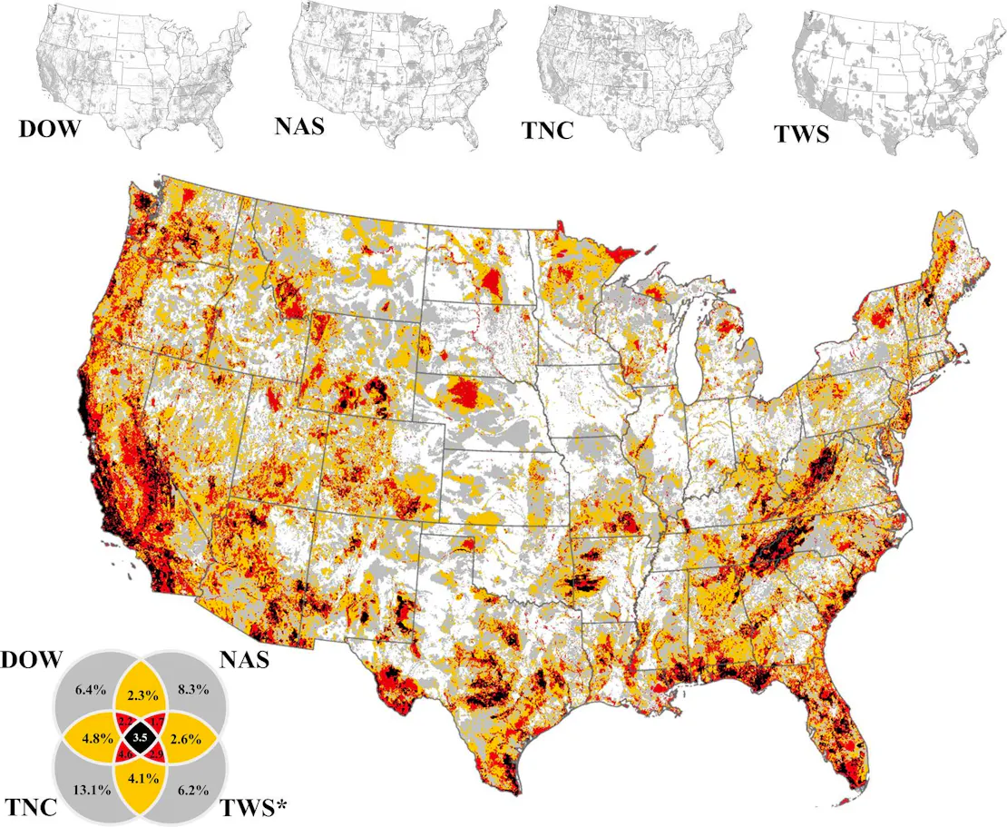 Map of the contiguous United States showing four smaller inset maps (Belote 2021, Dreiss 2022, Taylor 2022, Anderson 2023) of top-priority biodiversity areas, overlaid into one composite map with a color-coded legend and Venn diagram showing where one, two, three, or all four methods agree on high-priority pixels.