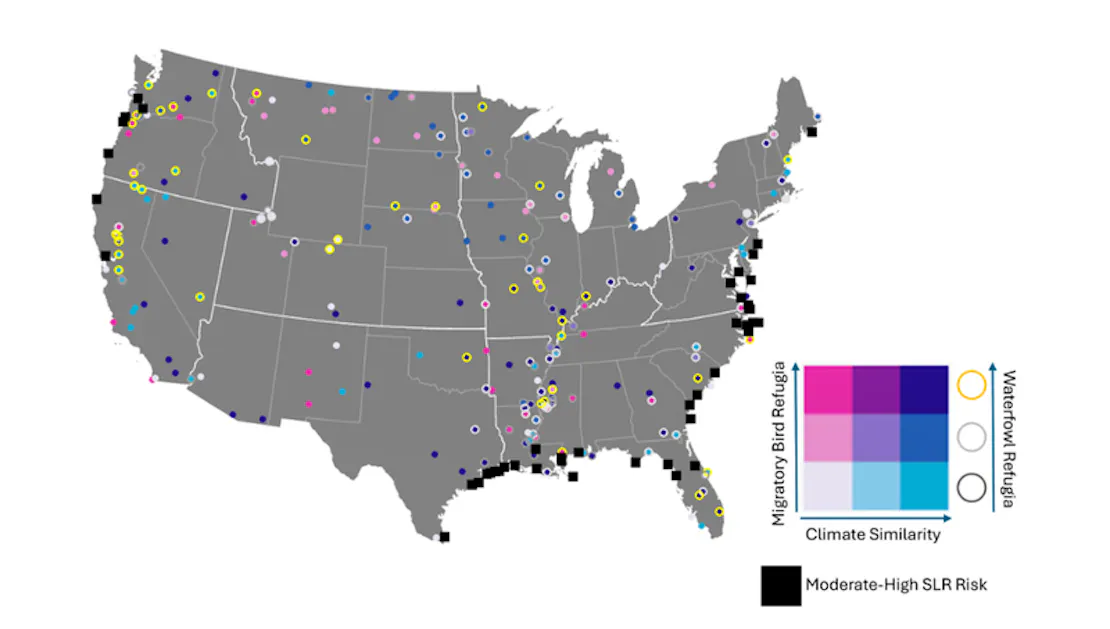 Map of the U.S. National Wildlife Refuge System showing climate refugia values for migratory birds and waterfowl, with color coding indicating climate similarity and refugia potential, and black squares marking refuges with moderate to high sea level rise risk.