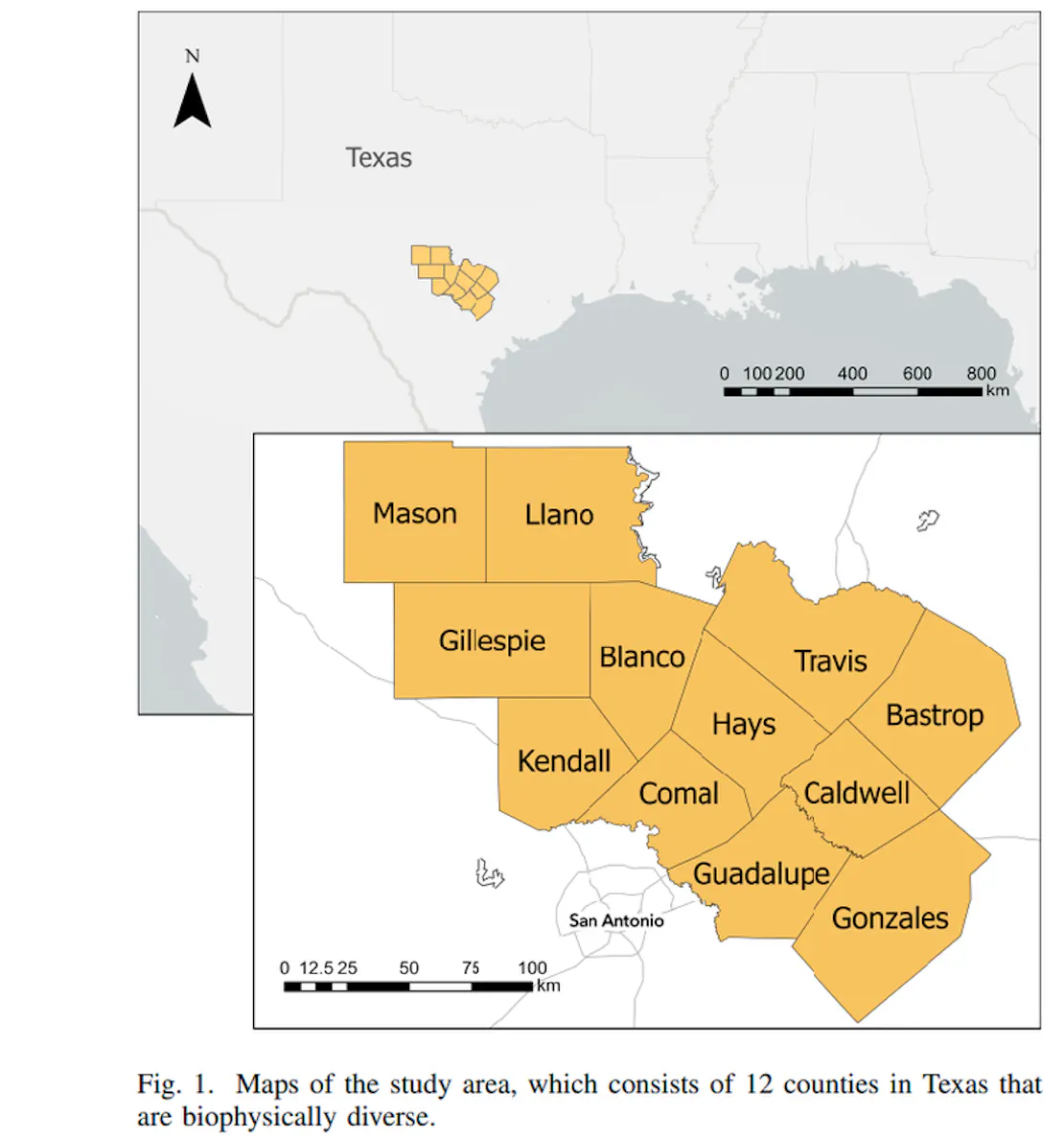 Map of the study area in central Texas used for land cover change prediction modeling. The 12 counties are biophysically diverse and include Mason, Llano, Gillepse, Kendall, Blanco, Comal, Hays, Travis, Guadalupe, Caldwell, Bastrop and Gonzales.