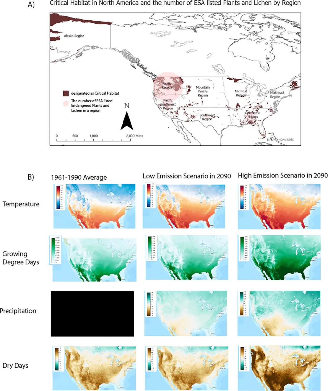 Two-part figure showing A) critical habitat designations and the number of ESA-listed plants and lichen by U.S. FWS region across North America, and B) projected changes in temperature, growing degree days, precipitation and dry days under low and high emission scenarios by 2090 compared to the 1961–1990 average.