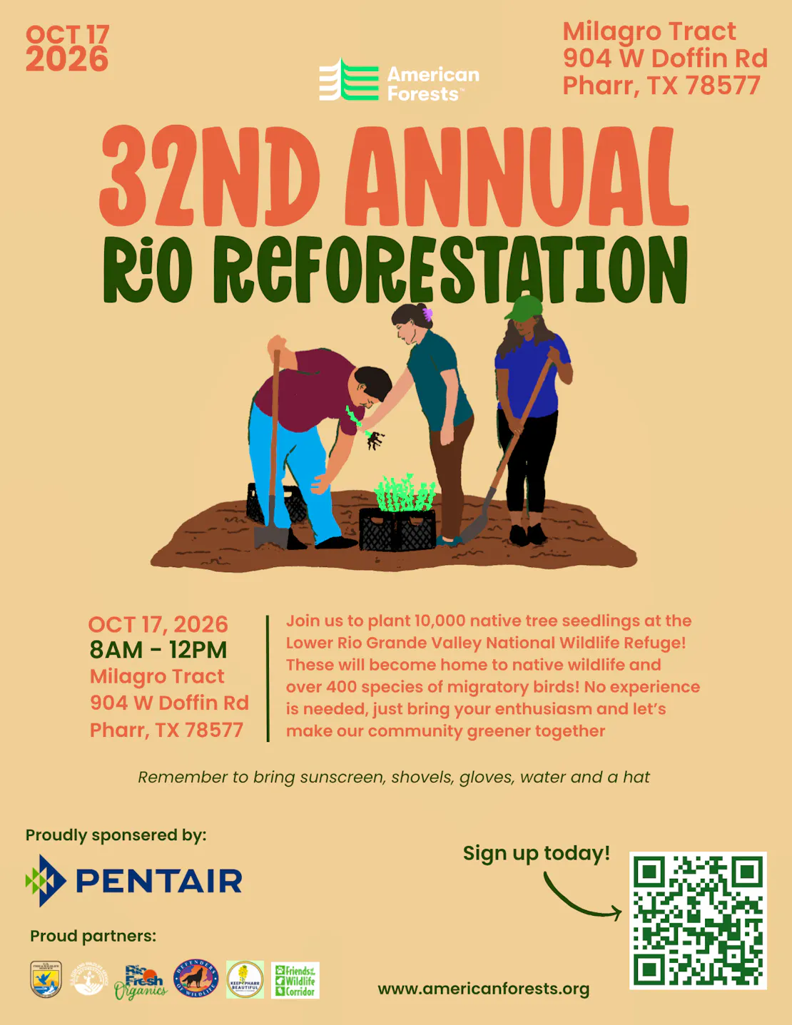 Join us to plant 10,000 native tree seedlings at the Lower Rio Grande Valley National Wildlife Refuge! These will become home to native wildlife and over 400 species of migratory birds! No experience is needed, just bring your enthusiasm and let's make our community greener together.