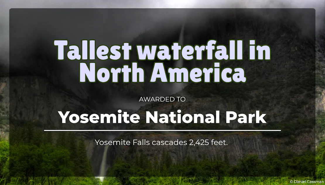 A graphic that says "Tallest waterfall in North America - Awarded to Yosemite National Park! Yosemite Falls cascades 2,425 feet."