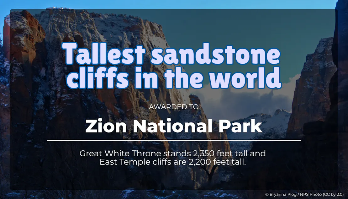 A graphic that says "Tallest sandstone cliffs in the world - Awarded to Zion National Park! Great White Throne stands 2,350 feet tall and East Temple cliffs are 2,200 feet tall."